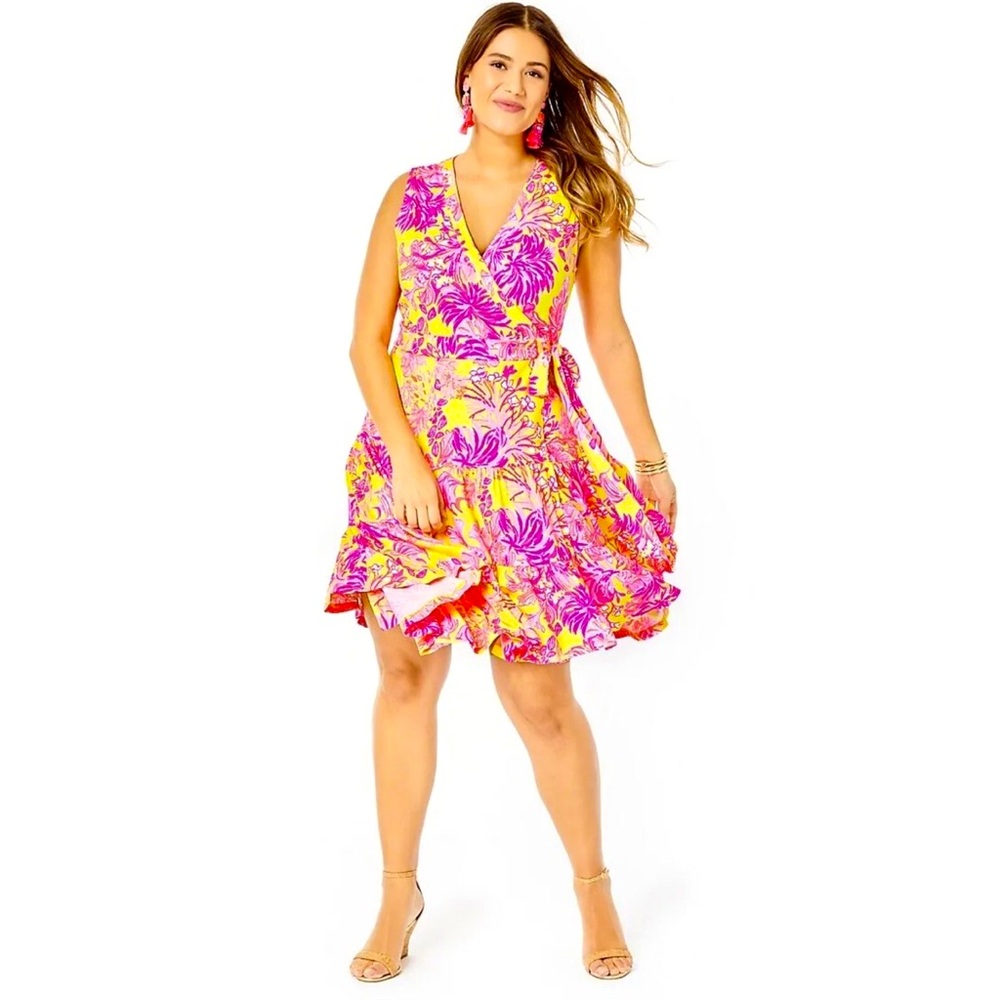 NWOT Lilly Pulitzer Folly Floral Wrap Dress Calla Yellow Floral Coral Large